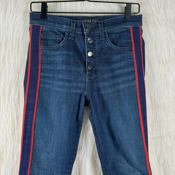 Veronica Beard Womens Carolyn 10" Baby Boot Cut Jeans Blue Red Dark Wash USA 26 - Picture 2 of 10
